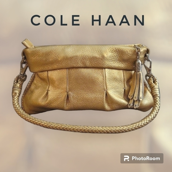 VTG COLE HAAN 1990s Gold Metallic Pebble Lambskin Braided Tassel Evening Bag - Picture 1 of 11